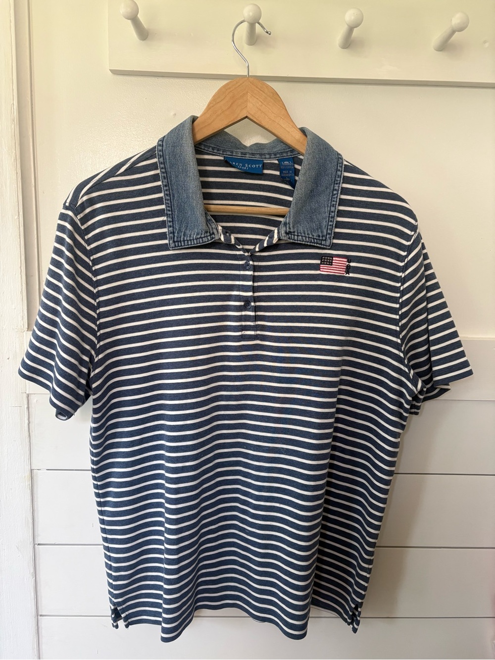 Navy and White Striped Polo with Denim-Look Collar | Large | American Flag